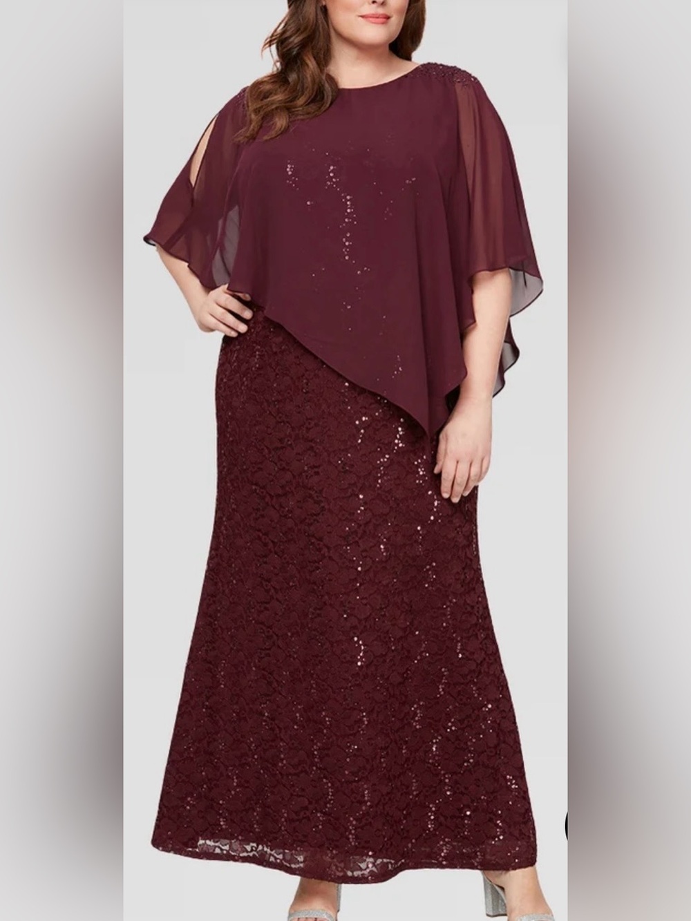 NWT Size 22W SLNY Sequin Floral Lace Dress with Capelet in Fig